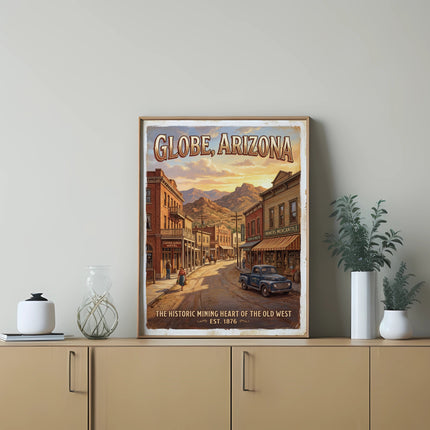 Globe, Arizona vintage poster with historic mining town scene that reads "EST. 1876".