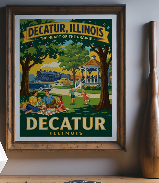 Decatur, Illinois vintage travel poster with family picnic, train, and gazebo.