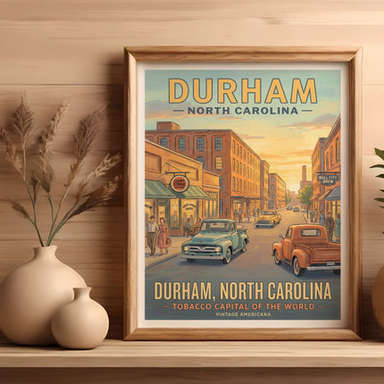 Framed vintage poster of Durham, North Carolina, featuring classic cars and buildings.