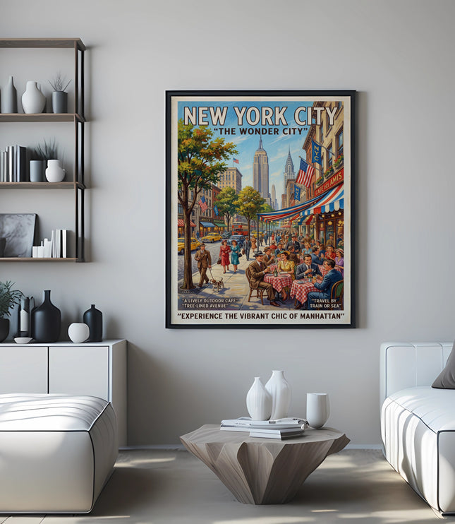 Vintage "New York City, The Wonder City" poster depicting street scene with Empire State Building.