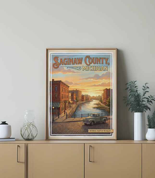 Saginaw County, Michigan vintage travel poster with a river, buildings, and truck.