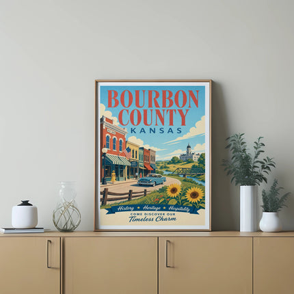Bourbon County Kansas poster with a vintage illustration of Fort Scott.