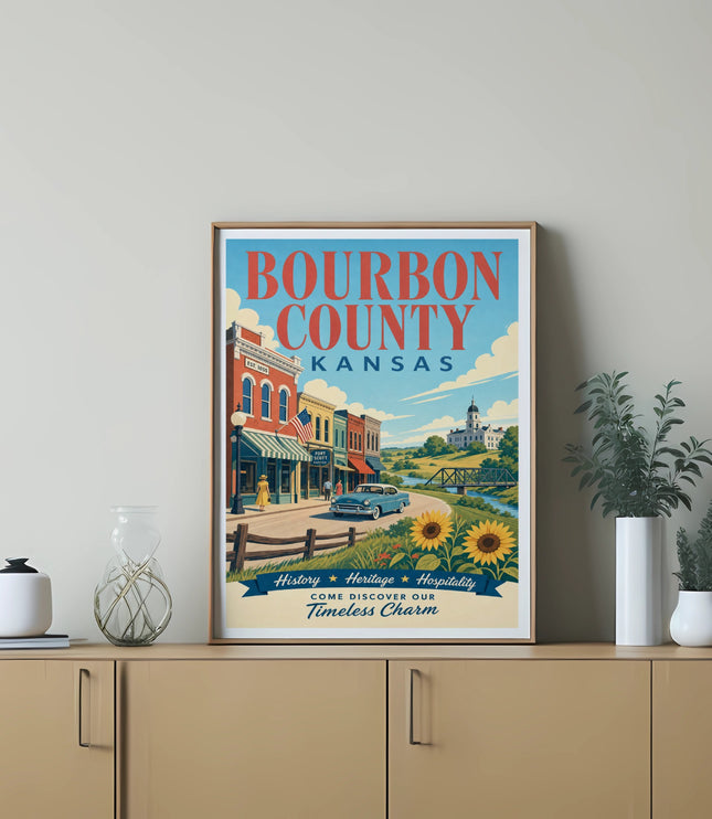 Bourbon County Kansas poster with a vintage illustration of Fort Scott.