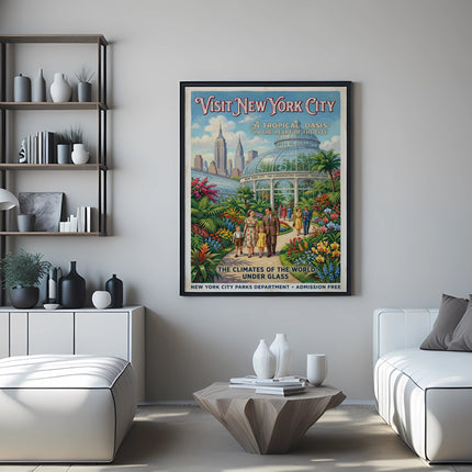 Vintage poster for "Visit New York City" depicting a tropical oasis under glass.
