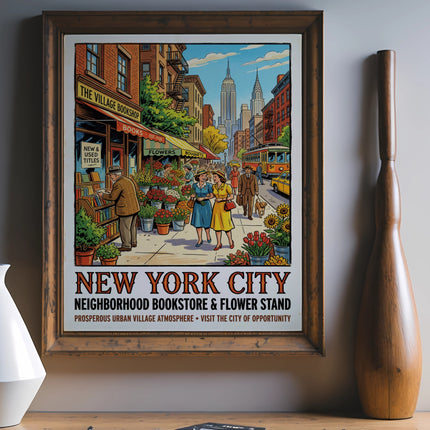 New York City bookstore and flower stand vintage poster with text.