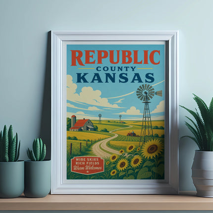 Republic County Kansas landscape art with farm, sunflowers, and windmill.
