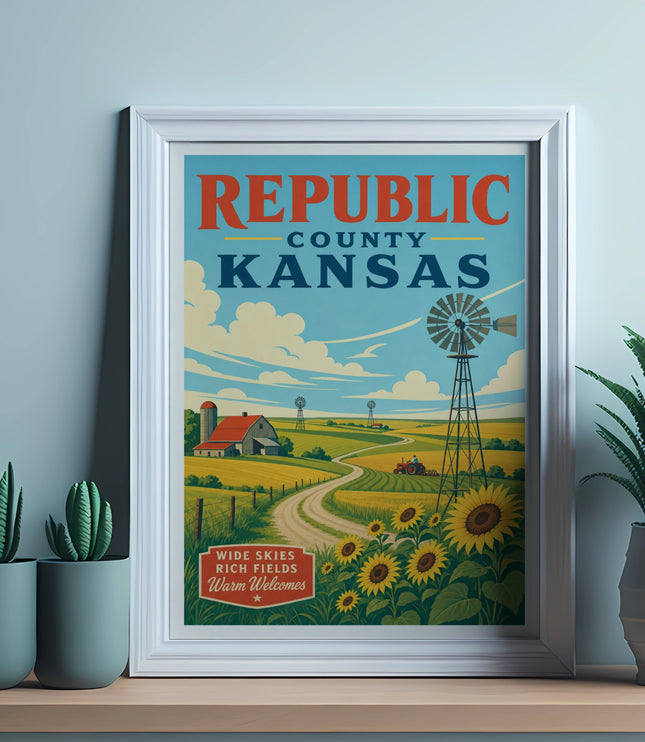 Republic County Kansas landscape art with farm, sunflowers, and windmill.