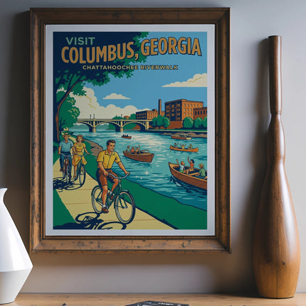 Retro poster of Chattanooga, Georgia with people cycling and boating on the river.