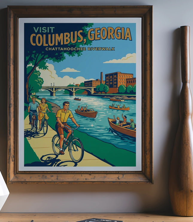 Retro poster of Chattanooga, Georgia with people cycling and boating on the river.
