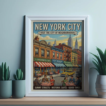 New York City poster with historic street scene and cafe signs.