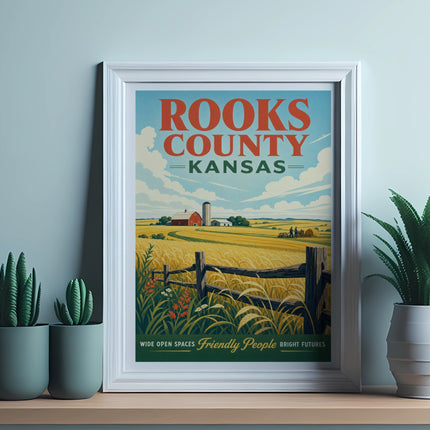 Rooks County, Kansas travel poster featuring a farm landscape and text.