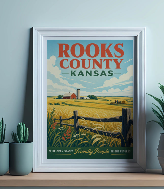 Rooks County, Kansas travel poster featuring a farm landscape and text.