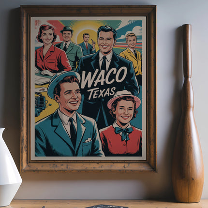 Retro illustration of smiling families with "Waco Texas" text.