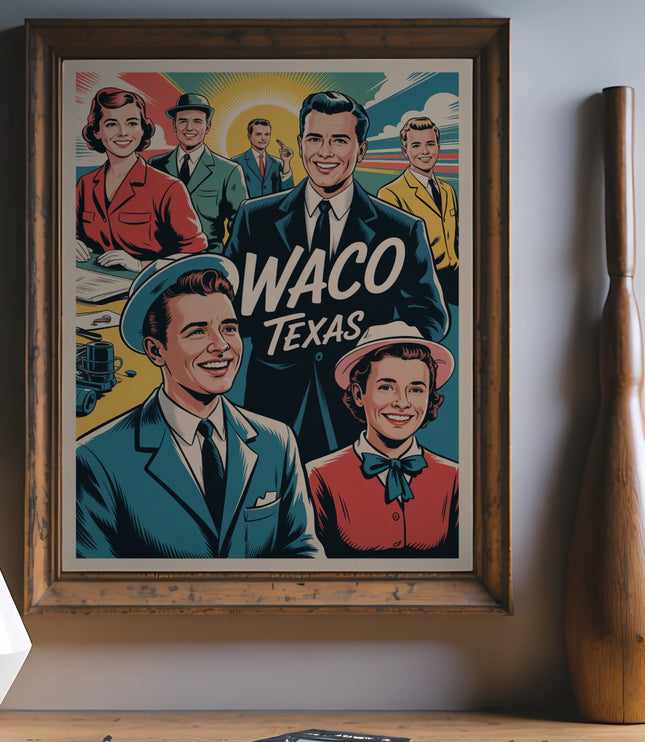 Retro illustration of smiling families with "Waco Texas" text.