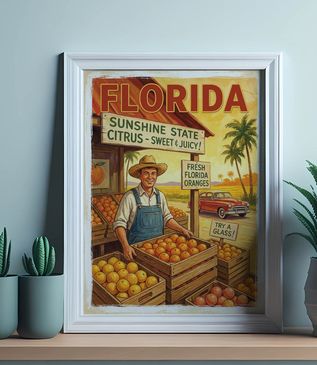 Florida Sunshine State Citrus poster with farmer, oranges, and vintage car.