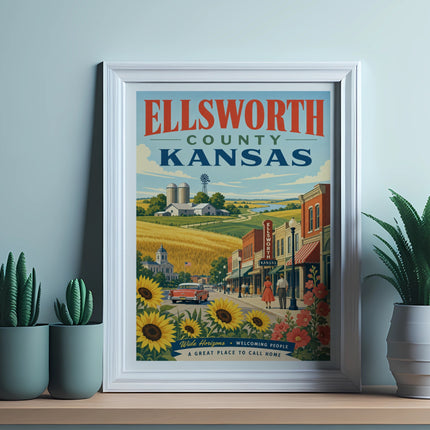 Ellsworth County, Kansas retro travel poster with farm and town scene.