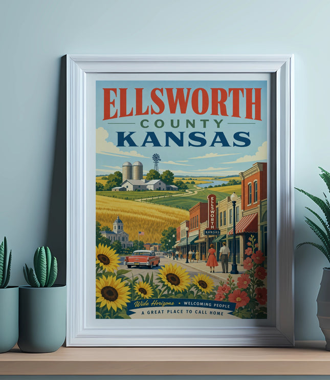 Ellsworth County, Kansas retro travel poster with farm and town scene.