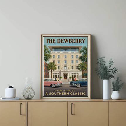 Print of The Dewberry hotel in Charleston with vintage cars and palm trees.