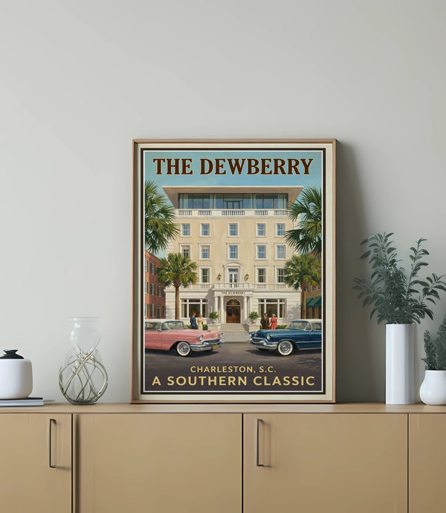Print of The Dewberry hotel in Charleston with vintage cars and palm trees.