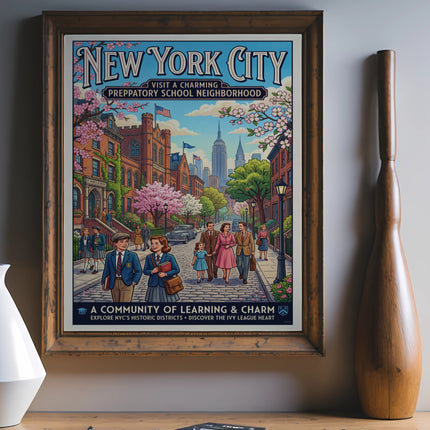 New York City poster depicting a charming neighborhood with a prep school.