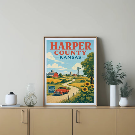 Harper County, Kansas vintage travel poster with red truck and sunflowers.