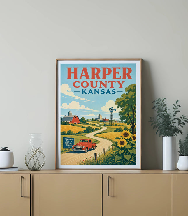 Harper County, Kansas vintage travel poster with red truck and sunflowers.