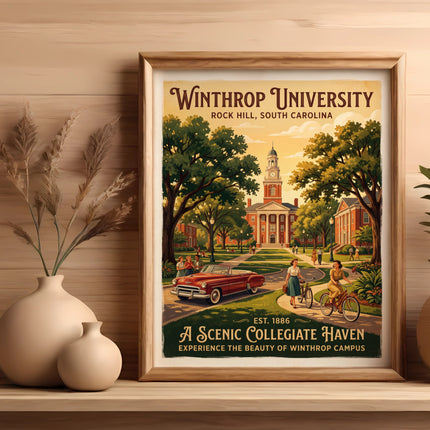 Winthrop University poster with vintage scene and text.