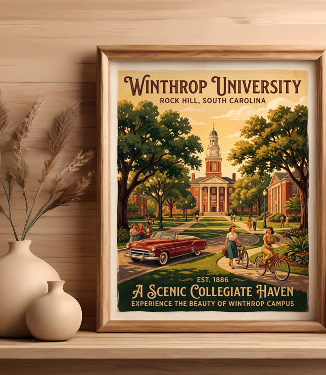 Winthrop University poster with vintage scene and text.