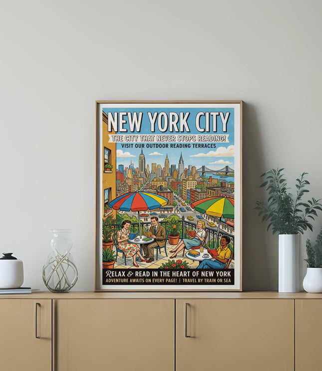 New York City poster showing people reading on a terrace overlooking the city.