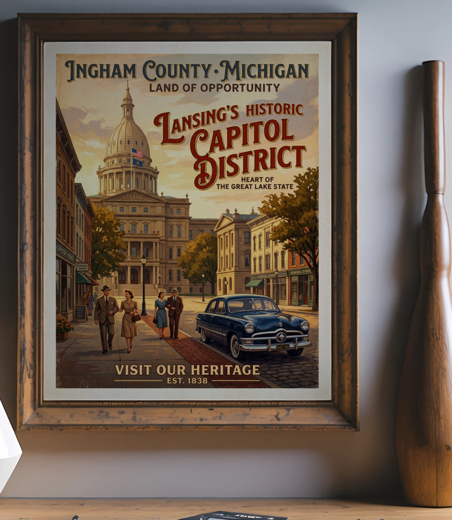 Ingham County Michigan poster with Lansing's Capitol District, vintage car, and people.