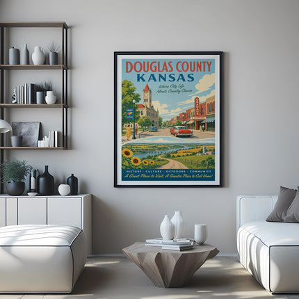Douglas County Kansas poster featuring vintage art, city and country scenes, and text.