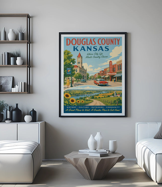 Douglas County Kansas poster featuring vintage art, city and country scenes, and text.