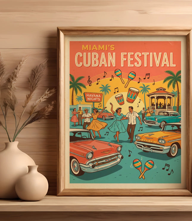 Miami's Cuban Festival poster featuring dancers, classic cars, and palm trees.
