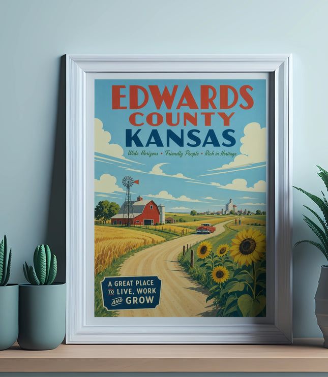 Edwards County Kansas poster with farm, sunflowers, and text.