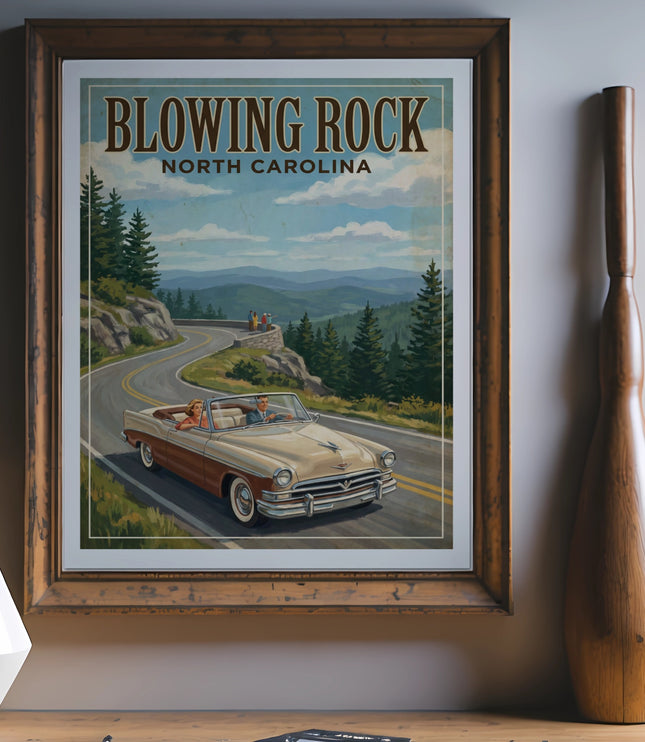 Vintage poster of Blowing Rock, North Carolina with a classic convertible on a scenic mountain highway.