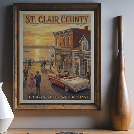 Vintage St. Clair County Michigan Blue Water Coast poster with scene, car, and text.