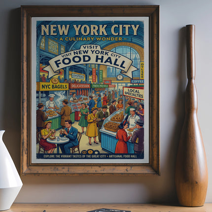 Vintage New York City Food Hall poster with vendors and people shopping.