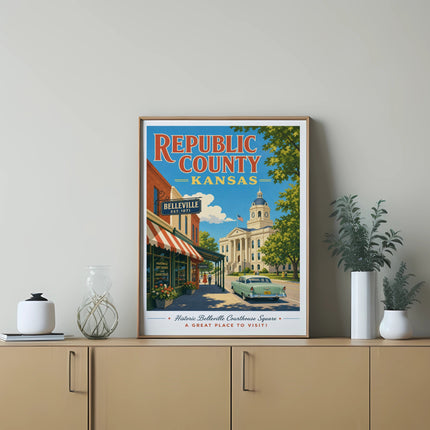Poster of Republic County, Kansas with Belleville courthouse and vintage car.