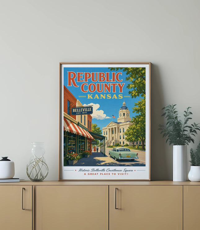 Poster of Republic County, Kansas with Belleville courthouse and vintage car.