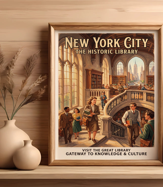 New York City Historic Library poster with people on a grand staircase.