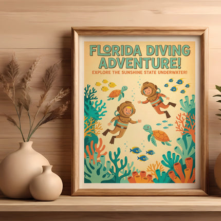 Framed poster of Florida diving adventure with divers and sea life.
