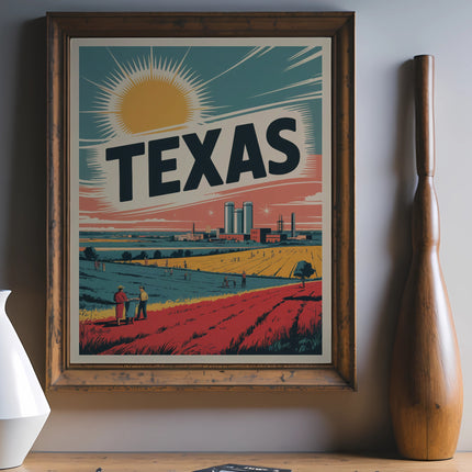 Vintage Texas landscape poster with sun, fields, and city skyline.
