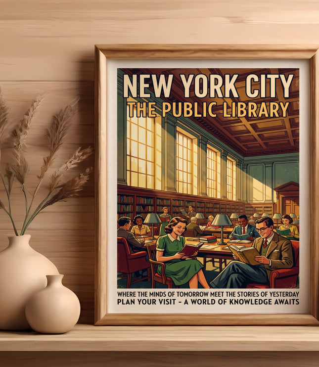 New York City Public Library poster with people reading in a grand library.