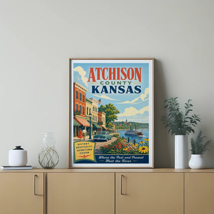 Atchison County, Kansas vintage travel poster with river and cityscape.