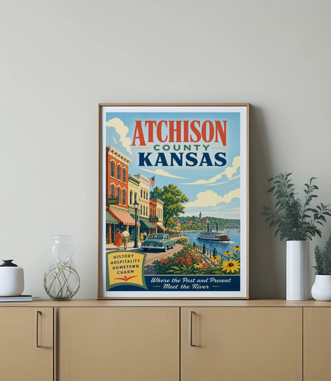 Atchison County, Kansas vintage travel poster with river and cityscape.