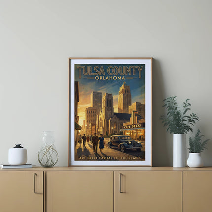 Tulsa County Oklahoma Art Deco poster with city skyline and vintage car.