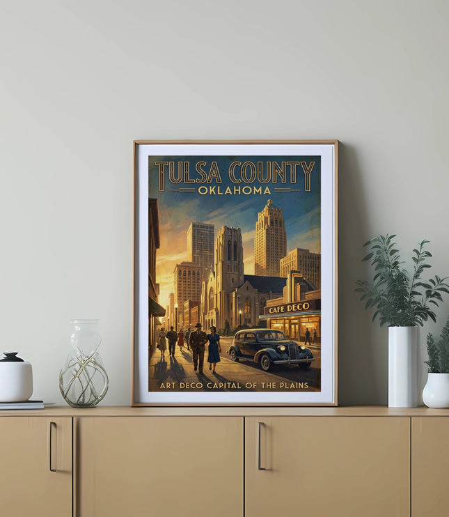 Tulsa County Oklahoma Art Deco poster with city skyline and vintage car.