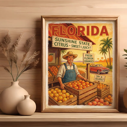 Vintage Florida citrus advertisement with crates of oranges and text.