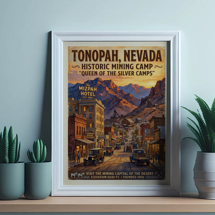 Tonopah, Nevada Historic Mining Camp vintage poster with Mizpah Hotel.