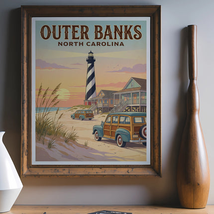 Outer Banks North Carolina beach scene with lighthouse and vintage cars.